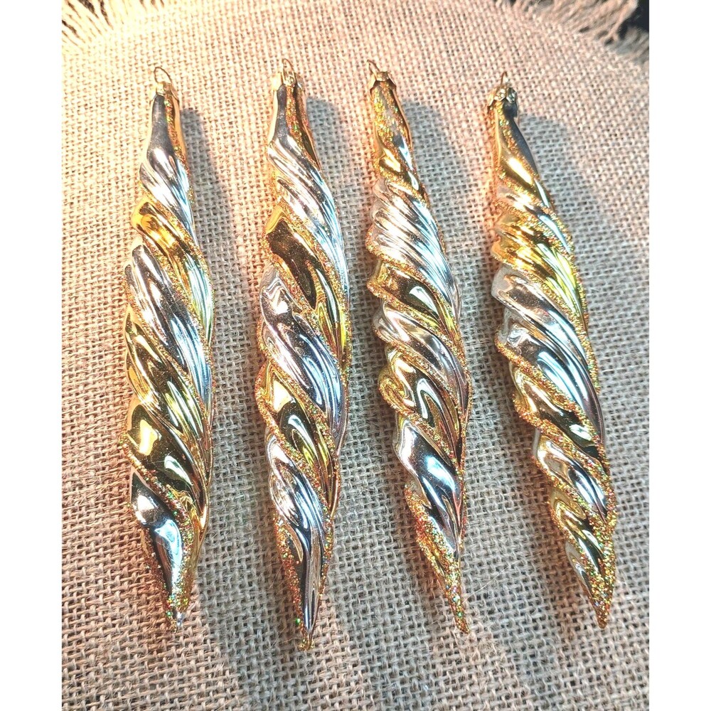 4 Vintage Made in Poland Glass Teardrop Gold & Silver Christmas Ornaments, MCM